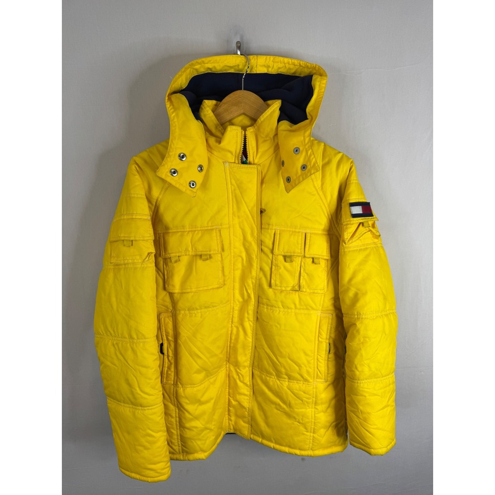 Vintage 90s Tommy Jeans Mens Yellow Hooded Puffer Jacket Fleece Lined Size M